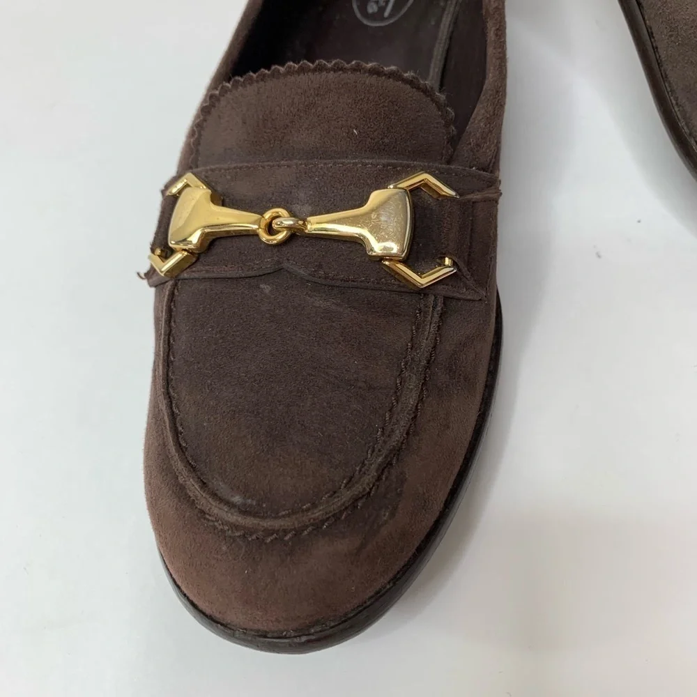 Talbots Women’s Brown Suede Flat Loafers With Gold Horse Bit Buckle Size 8 N
